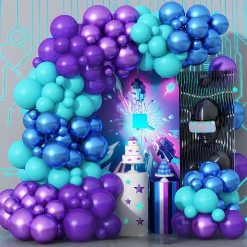 Togvu Black Purple Blue Balloons Garland Arch Kit Metallic Blue Purple Teal Black Balloons Arch Kit Metallic Balloon for Kids Boys Man Video Game Birthday Party Baby Shower Graduation Decorations - Image 1
