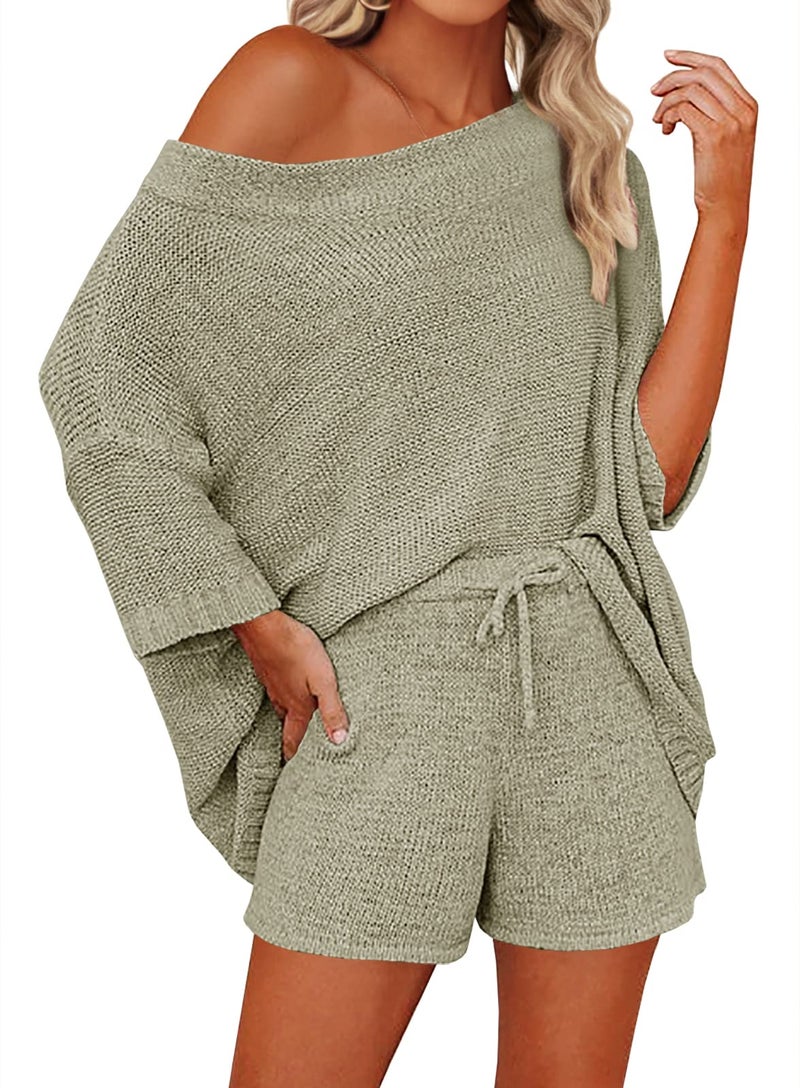 Mafulus Women's 2 Piece Outfits Sweater Sets Off Shoulder Knit Top Shorts Matching Suits Cute Pajama Lounge Set - Image 1