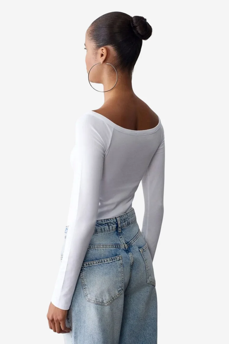 Dilvin White DILVIN Slim-fit Boat Neck Bodysuit Blouse for Women | Best Price UAE