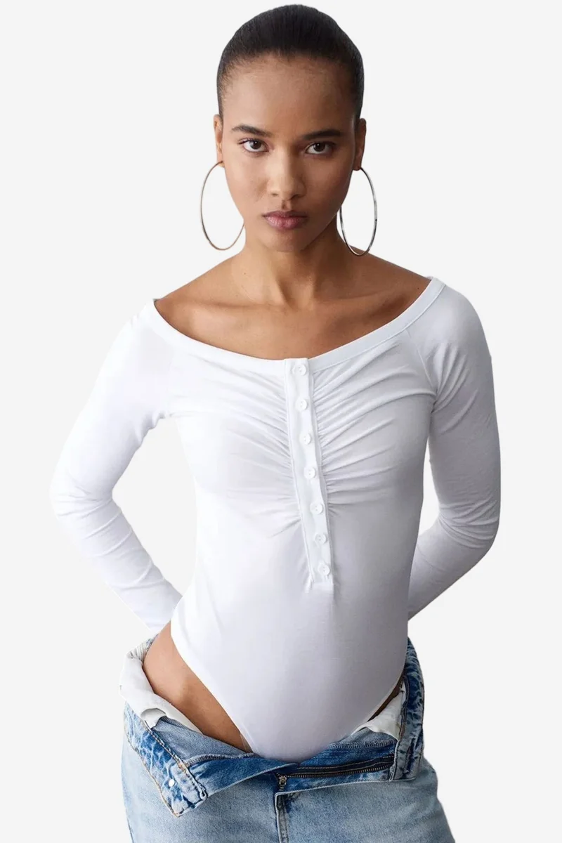 DILVIN Slim-fit Boat Neck Bodysuit Blouse