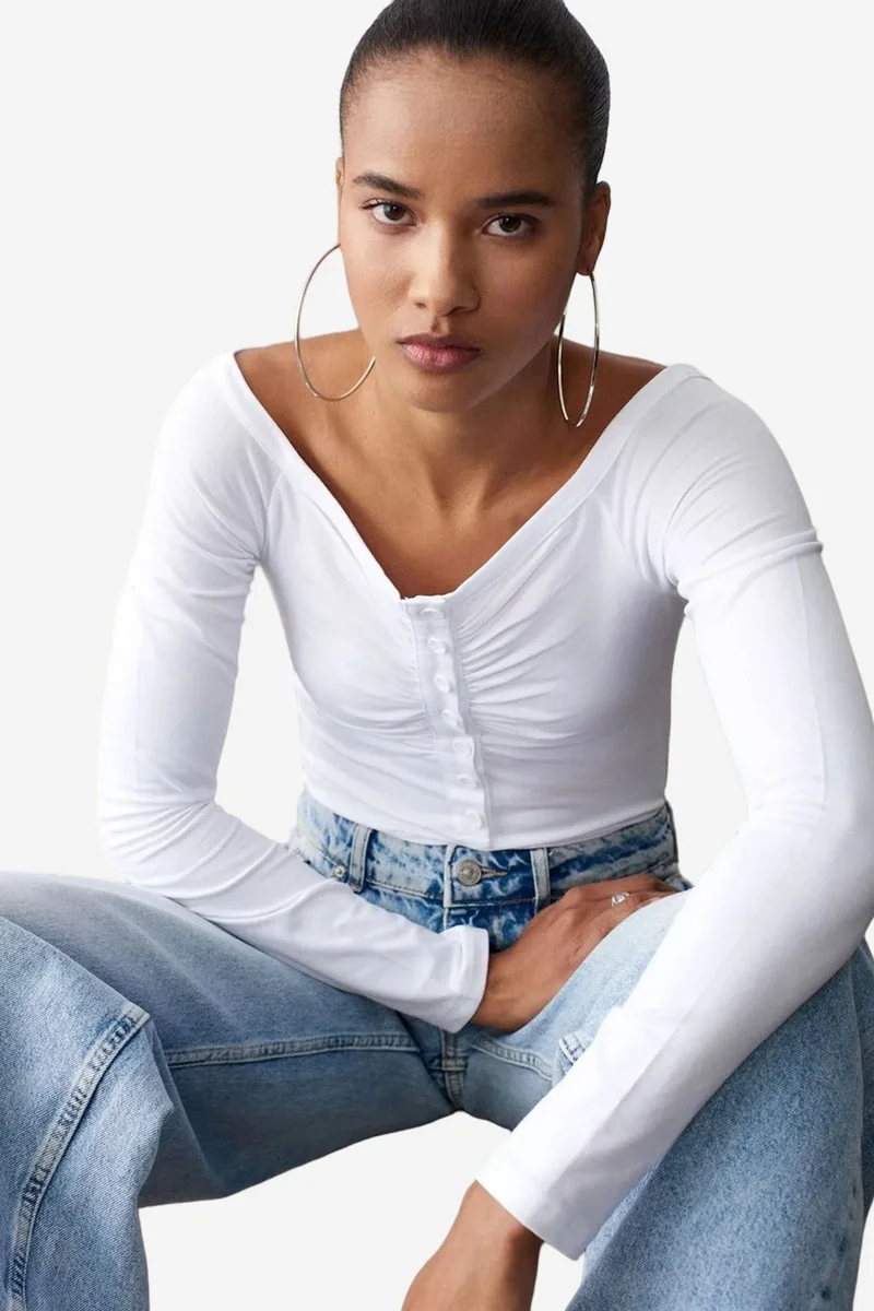 Dilvin White DILVIN Slim-fit Boat Neck Bodysuit Blouse for Women | Best Price UAE