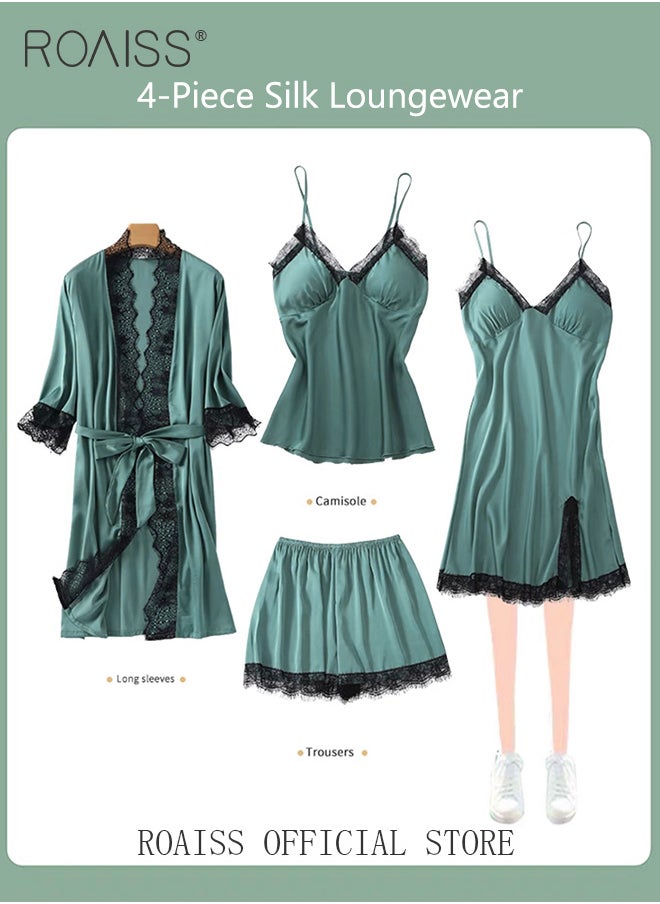 roaiss - Women Four Piece Home Wear Set Comfortable Fabric Soft and Skin Friendly Lace Elements Fashionable Solid Color Design - Image 1