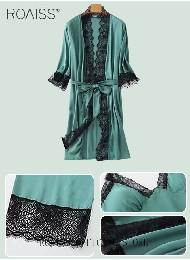 roaiss - Women Four Piece Home Wear Set Comfortable Fabric Soft and Skin Friendly Lace Elements Fashionable Solid Color Design - Image 1