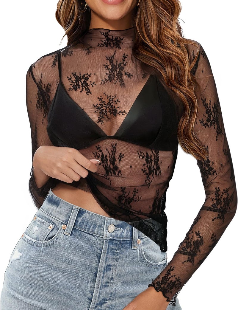 Buauty Mesh Long Sleeve Top for Women, Lace Sheer Tops See Through Mock Neck Floral Embroidery Sheer Blouce Fishnet Shirt Black - Image 1