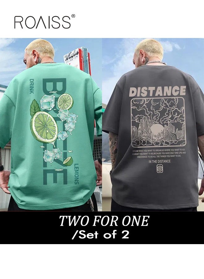 roaiss - 2Pcs Man's T-shirt Loose Version Trendy All-Match Pattern Printing Short Sleeves - Image 1