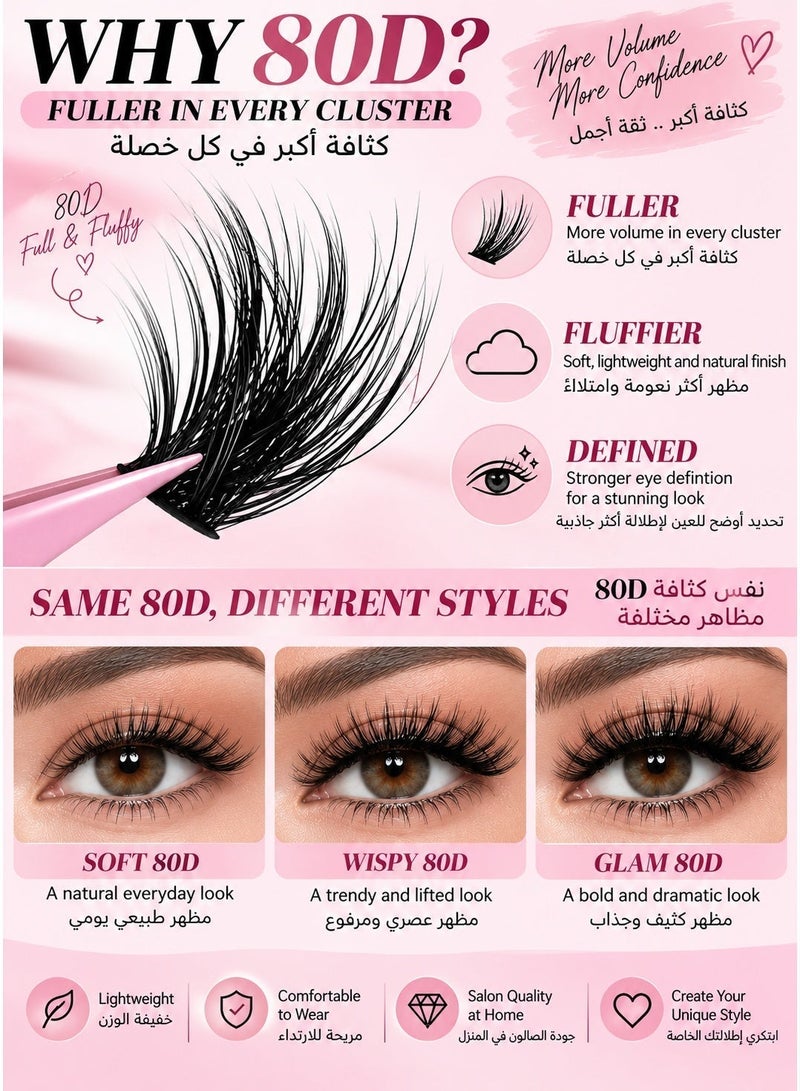 CMAYOME 216 Pcs 80D Lash Clusters Kit, D Curl Full Volume Cluster Lashes 8-16mm Mixed Lengths, DIY Lash Extension Kit with Bond & Seal and Tweezers, Wispy Fluffy Individual Lashes - Image 2