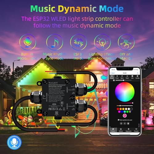 WeGoIOT IP65 Waterproof LED Controller, ESP32 WLED WiFi APP Control, Outdoor Music Sync Light Controller, DC5-24V, for WS2812B RGBIC RGBW LED Strip Lights(2 Channel) - Image 5
