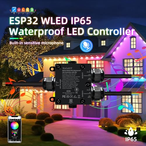 WeGoIOT IP65 Waterproof LED Controller, ESP32 WLED WiFi APP Control, Outdoor Music Sync Light Controller, DC5-24V, for WS2812B RGBIC RGBW LED Strip Lights(2 Channel) - Image 2