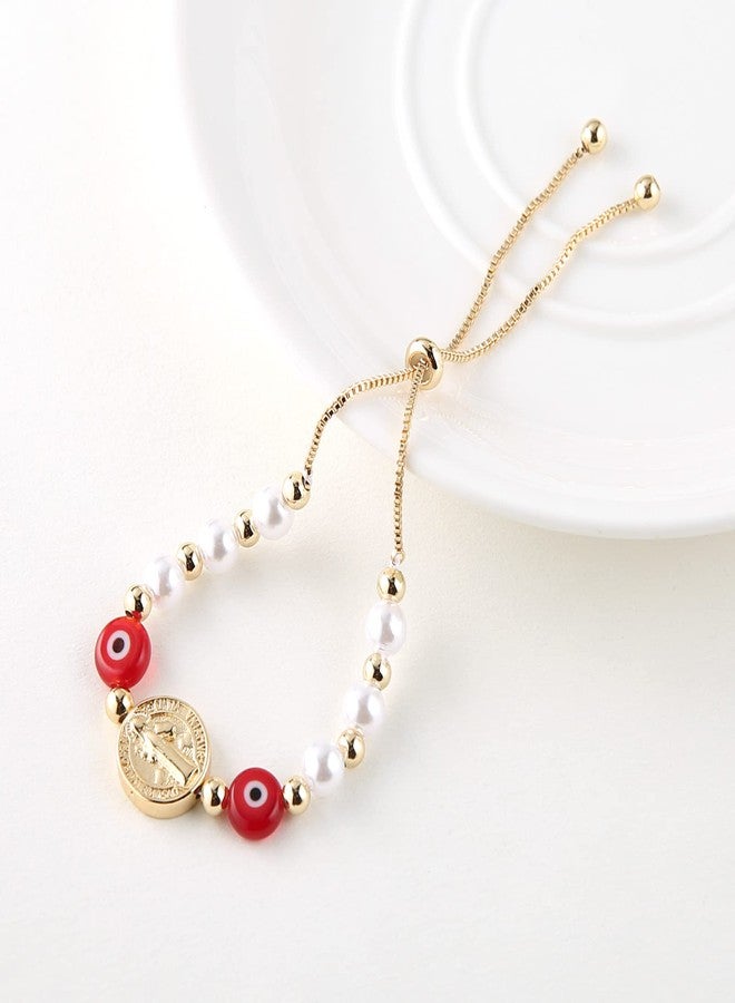 HZMAN Evil Eye Bracelet for Women 14K Gold Plated Saint Benedict Medal Retro Blue Eye Bead Luck Protection Stretch Bracelet Jewelry Gift (Red) - Image 5