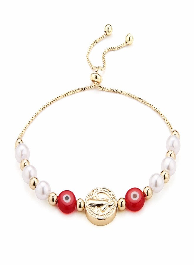 HZMAN Evil Eye Bracelet for Women 14K Gold Plated Saint Benedict Medal Retro Blue Eye Bead Luck Protection Stretch Bracelet Jewelry Gift (Red) - Image 1