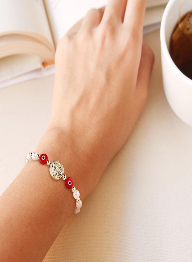 HZMAN Evil Eye Bracelet for Women 14K Gold Plated Saint Benedict Medal Retro Blue Eye Bead Luck Protection Stretch Bracelet Jewelry Gift (Red) - Image 2