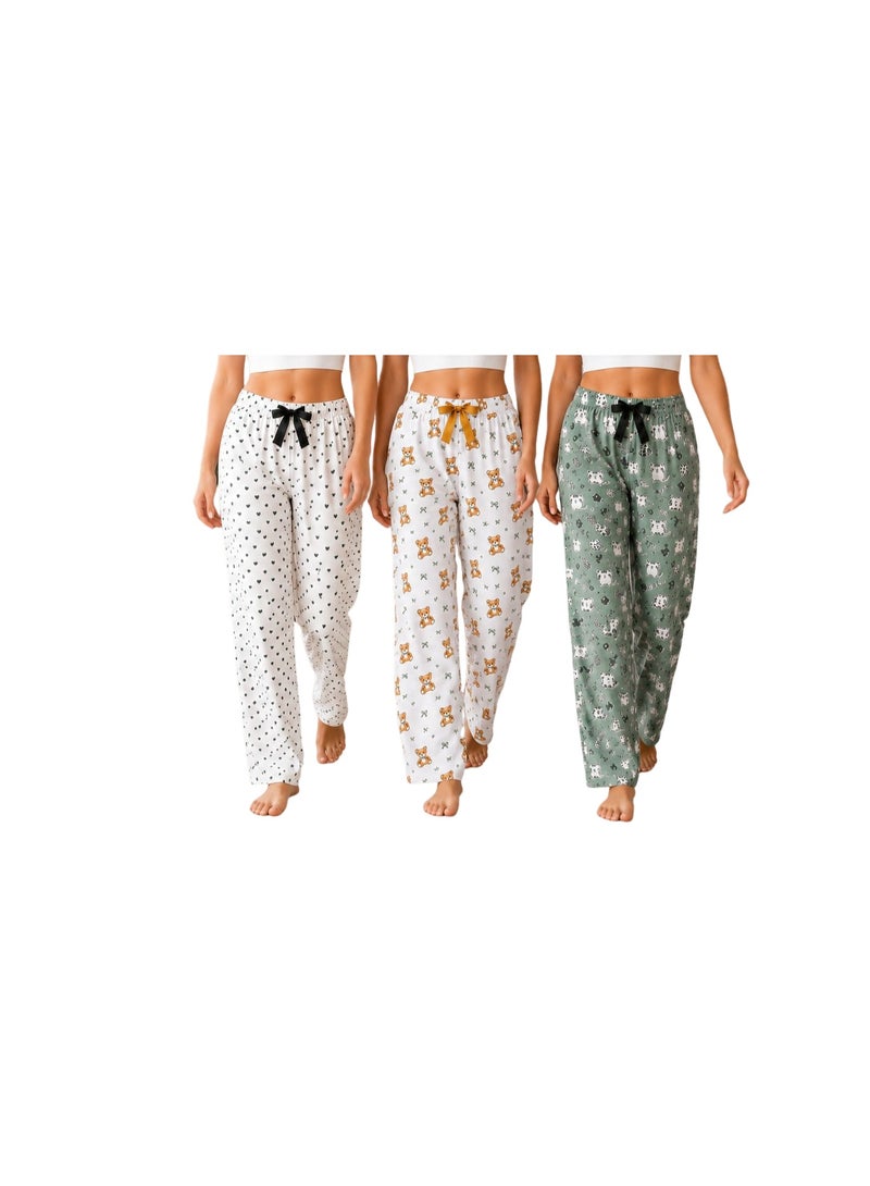 3-Piece Womens Pajama Pants Set 100% Turkish Cotton Sleepwear Soft Lightweight Breathable Lounge Pants Printed Relaxed Fit Ladies Pyjama Bottoms Homewear