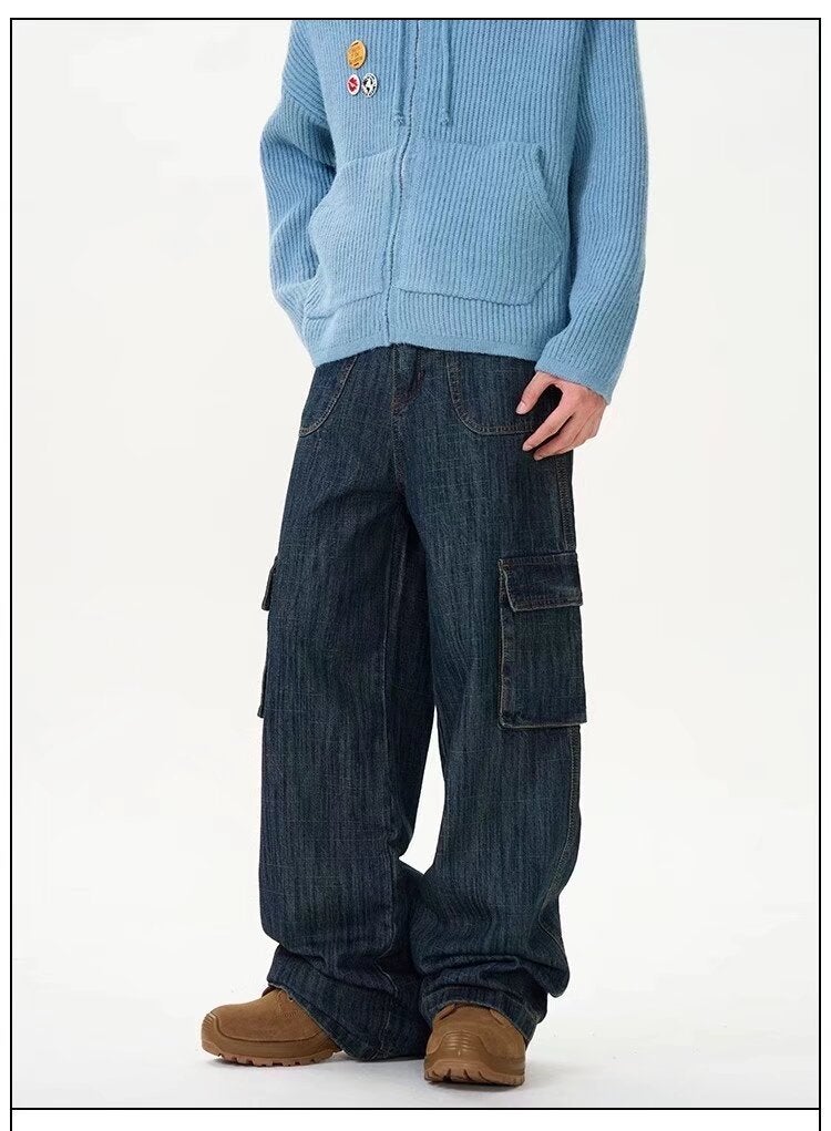Vintage Washed Multi-Pocket Tooling Jeans Men'S And Women'S Loose Straight Dipped Wide Leg Denim Trousers - Image 1