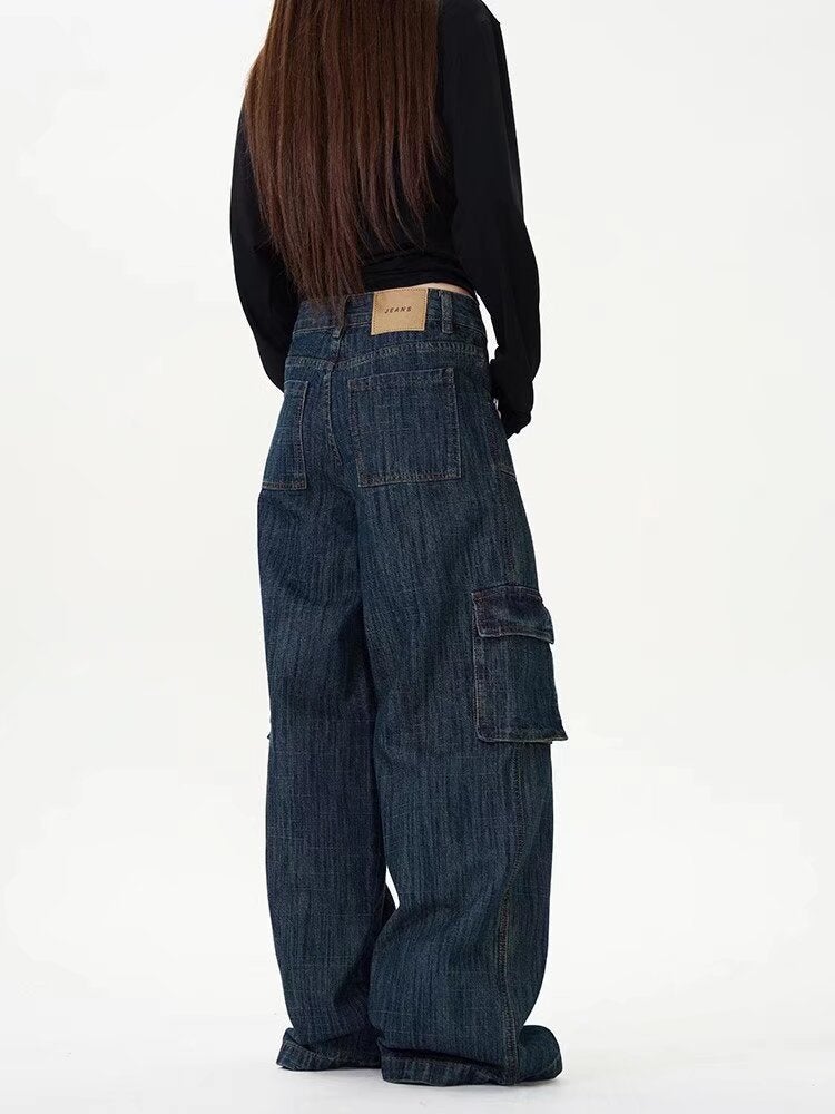 Vintage Washed Multi-Pocket Tooling Jeans Men'S And Women'S Loose Straight Dipped Wide Leg Denim Trousers - Image 5