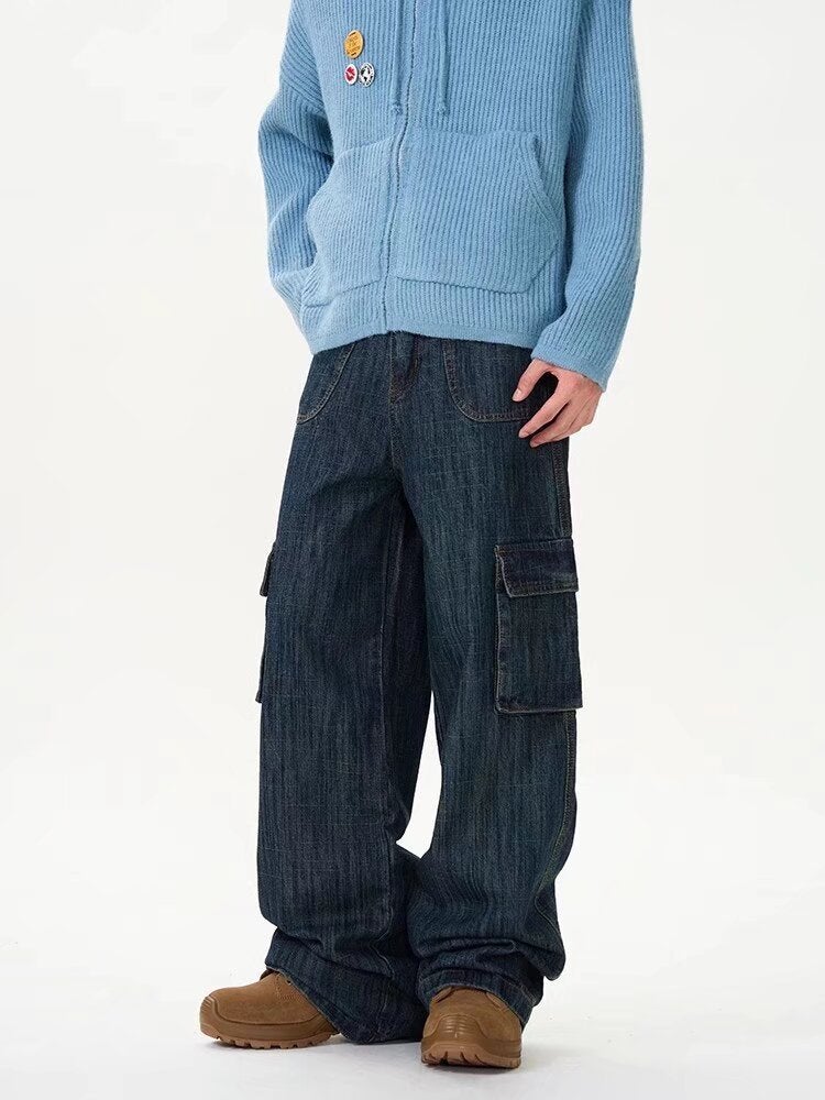 Vintage Washed Multi-Pocket Tooling Jeans Men'S And Women'S Loose Straight Dipped Wide Leg Denim Trousers - Image 2