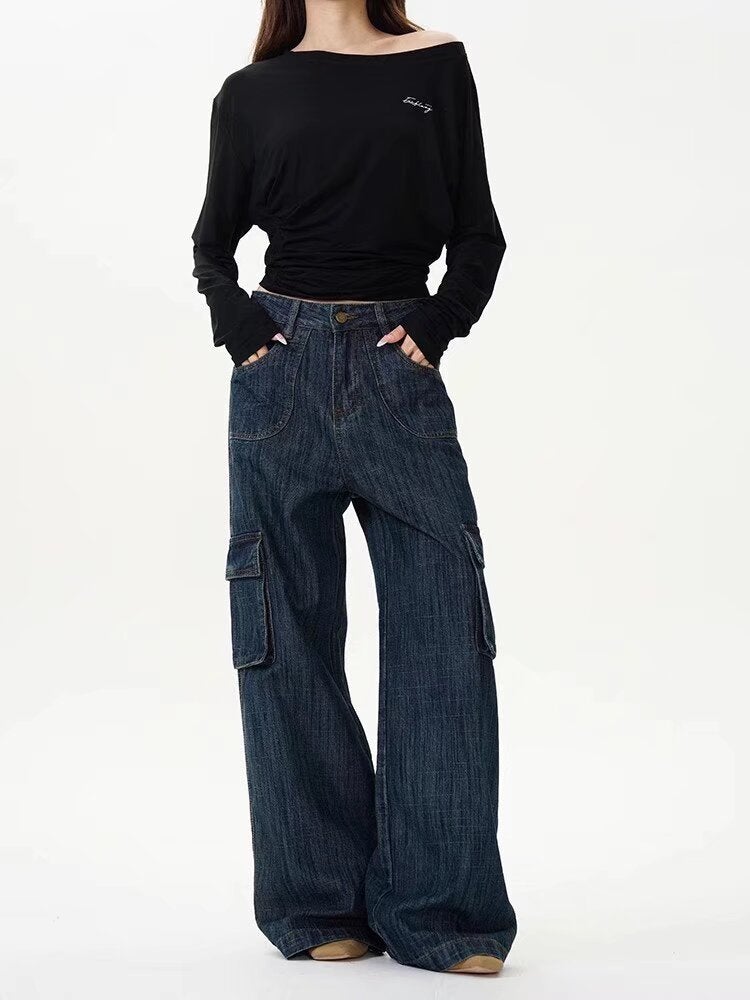 Vintage Washed Multi-Pocket Tooling Jeans Men'S And Women'S Loose Straight Dipped Wide Leg Denim Trousers - Image 3
