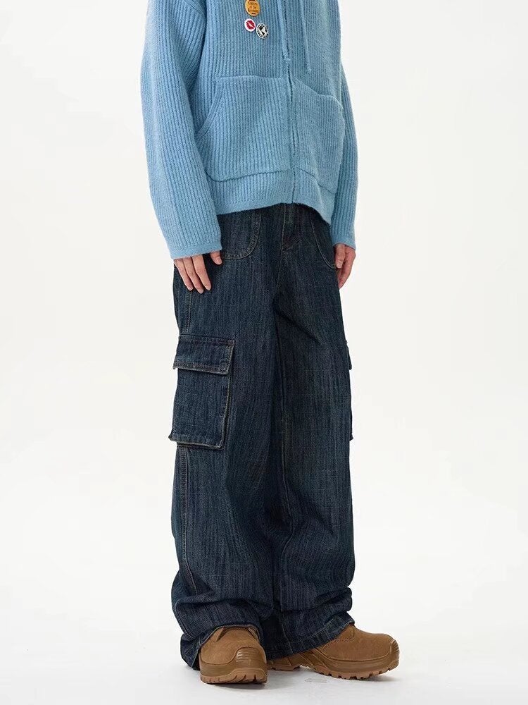 Vintage Washed Multi-Pocket Tooling Jeans Men'S And Women'S Loose Straight Dipped Wide Leg Denim Trousers - Image 4