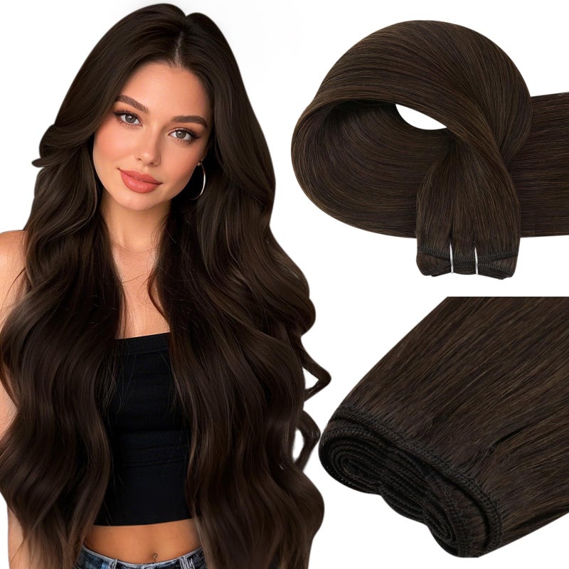 Easyouth Sew in Hair Extensions Real Human Hair Brown Remy Human Hair Weft Extensions Darkest Brown Double Weft Hair Extension Human Hair for Short Straight Hair 70G 12 Inch