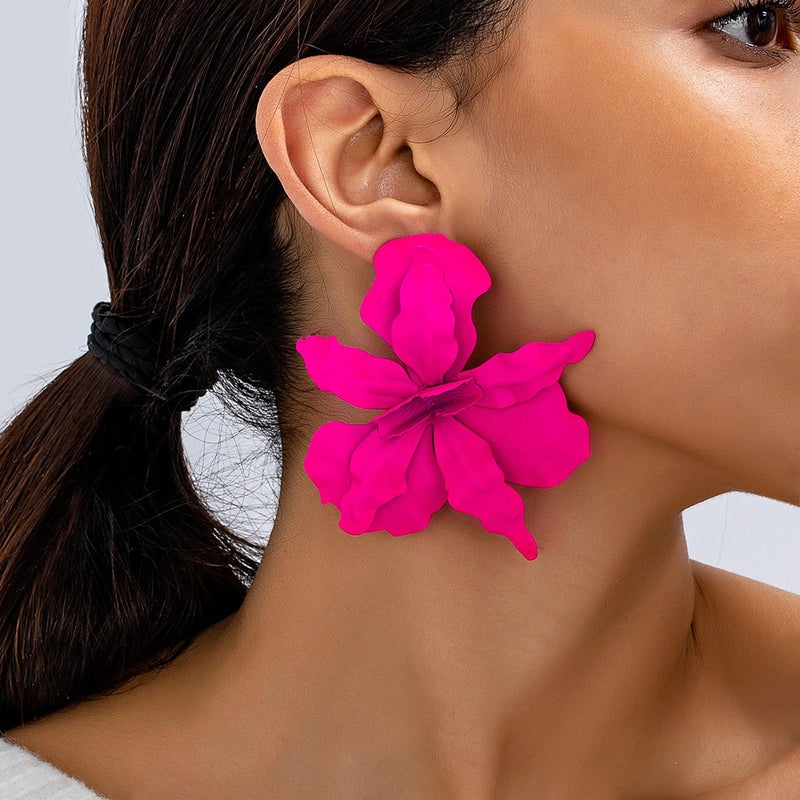 YANCHUN Hot Pink Flower Earrings for Women Big Floral Statement Earrings Oversized Petal Trendy Elegant Daily Outfits Fashion Jewelry Gifts - Image 3