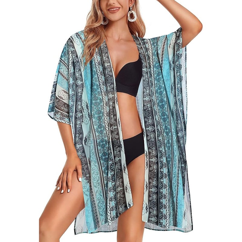 CHICGAL Women's Floral Print Puff Sleeve Kimono Cardigan Loose Cover Up Casual Blouse Tops - Image 4