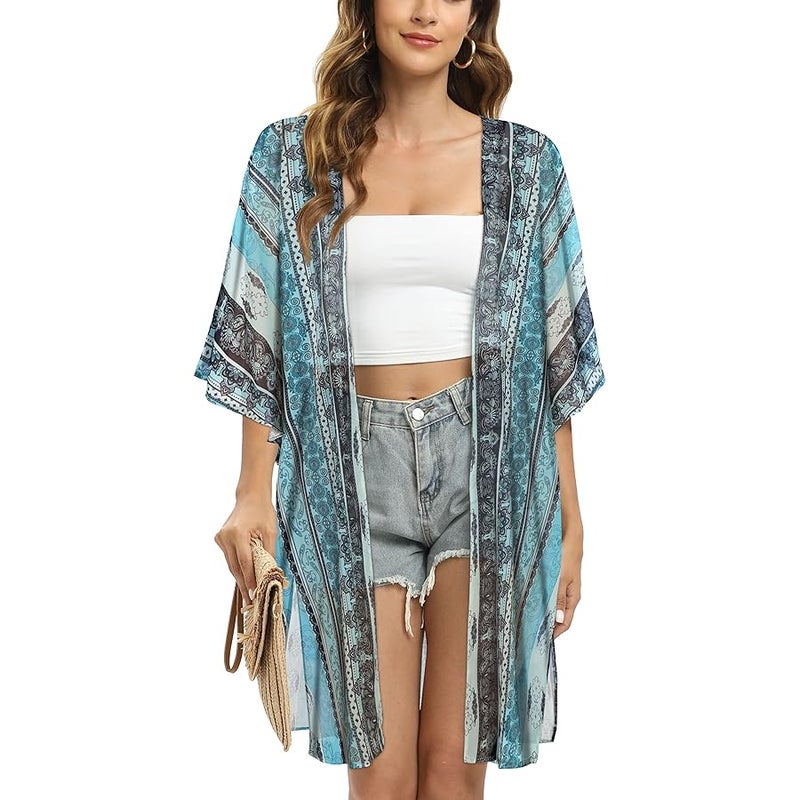 CHICGAL Women's Floral Print Puff Sleeve Kimono Cardigan Loose Cover Up Casual Blouse Tops - Image 3