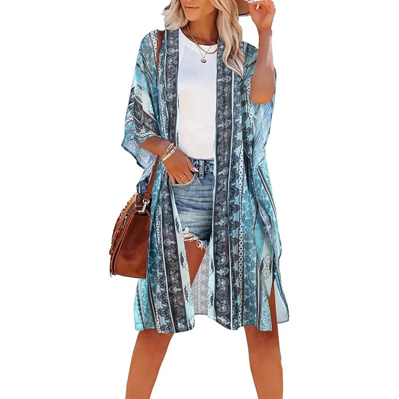 CHICGAL Women's Floral Print Puff Sleeve Kimono Cardigan Loose Cover Up Casual Blouse Tops - Image 1