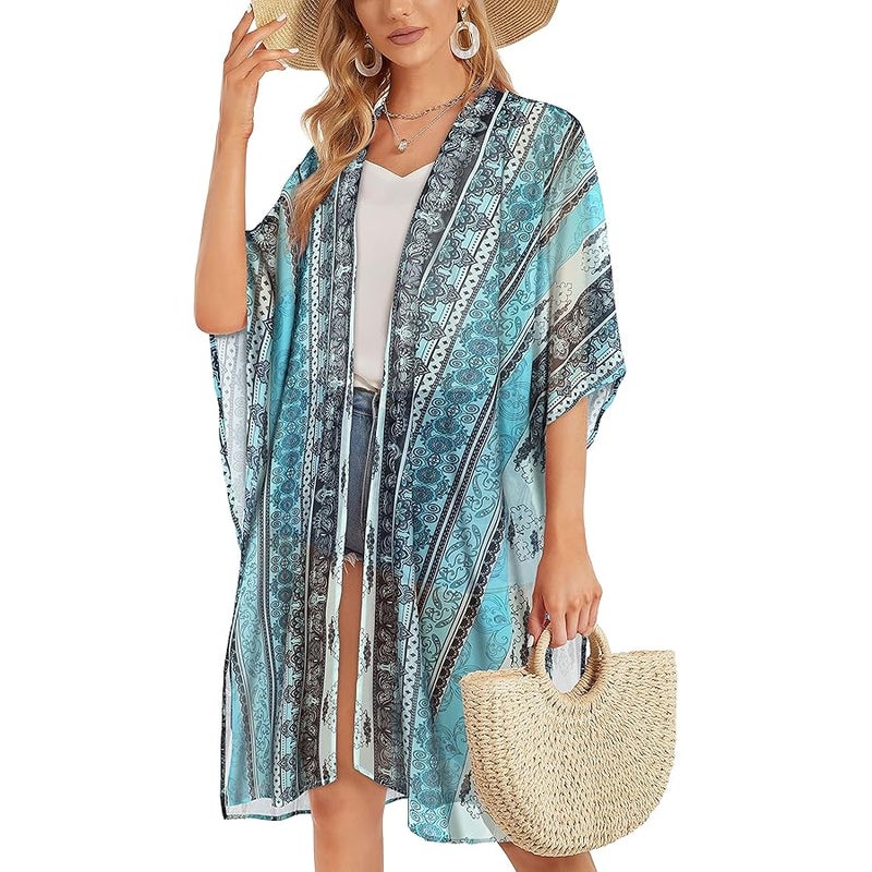 CHICGAL Women's Floral Print Puff Sleeve Kimono Cardigan Loose Cover Up Casual Blouse Tops - Image 5
