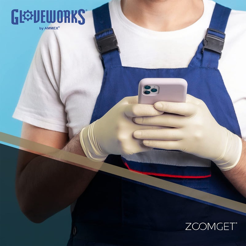 GLOVEWORKS قفازات GLOVEWORKS HD الصناعية بلون العاج من اللاتكس، علبة تحتوي على 100، 8 مل، حجم كبير، خالية من البودرة، ذات ملمس، قابلة للتخلص منها، ILHD46100-BX، بيج - Image 4