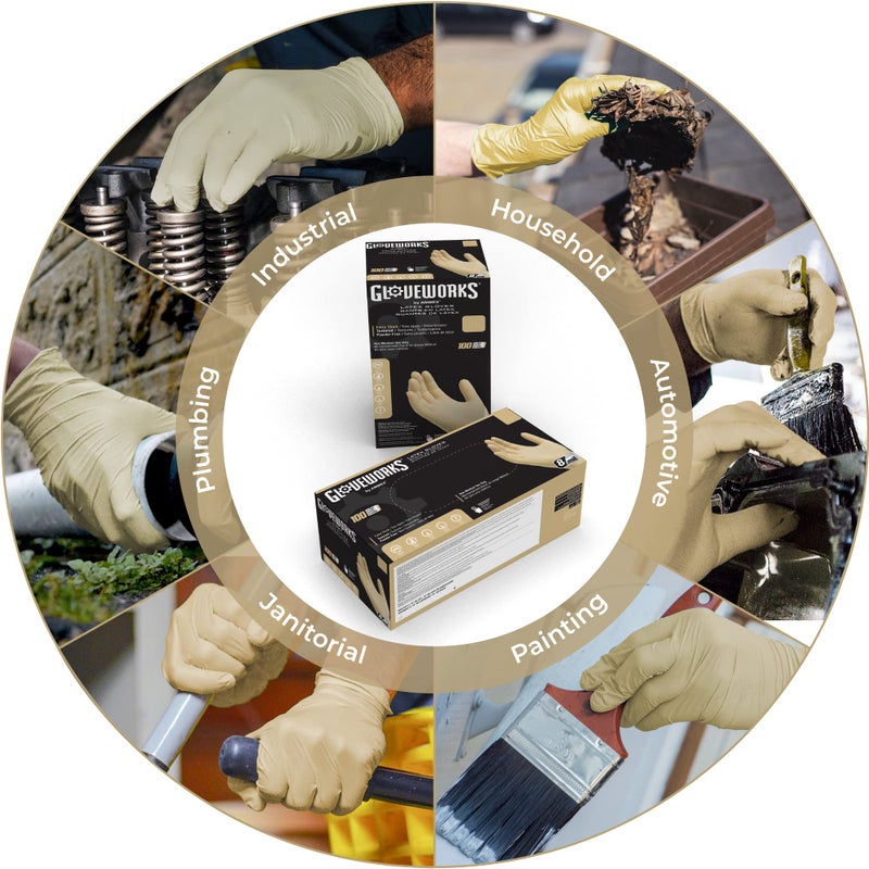 GLOVEWORKS قفازات GLOVEWORKS HD الصناعية بلون العاج من اللاتكس، علبة تحتوي على 100، 8 مل، حجم كبير، خالية من البودرة، ذات ملمس، قابلة للتخلص منها، ILHD46100-BX، بيج - Image 3