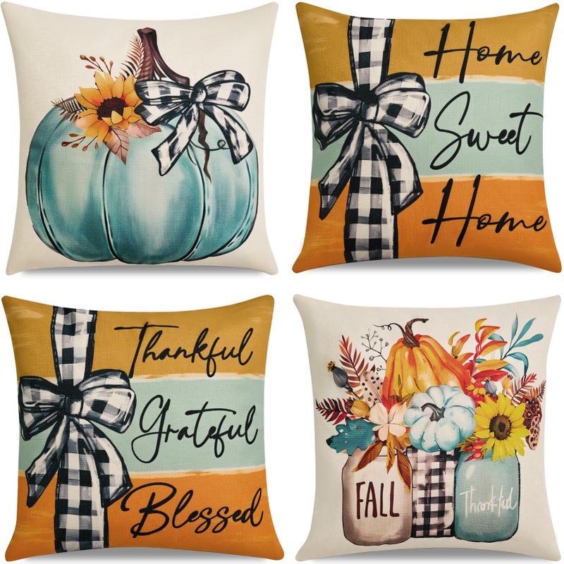 Hongsome Fall Decorations for HomeThrow Pillow Covers 18x18 in Set of 4Pumpkin Linen Pillow Case for Thanksgiving Couch Autumn Holiday Outdoor Burnt Orange Blue White Decor - Image 2