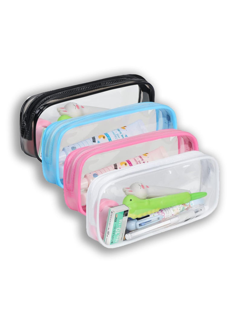 Sweet seven Set of 4 Clear PVC Pencil Bags with Zipper - Versatile Pen Pouches and Makeup Bags Suitable for children (White Pink Blue Black) - Image 1