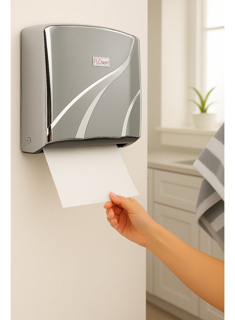FLOSOFT Wall-Mounted Z-Fold Paper Towel Dispenser – Chrome Finish, 300-Sheet Capacity with Key Lock and Manual Pull-Down for Bathroom Kitchen Office - Image 3