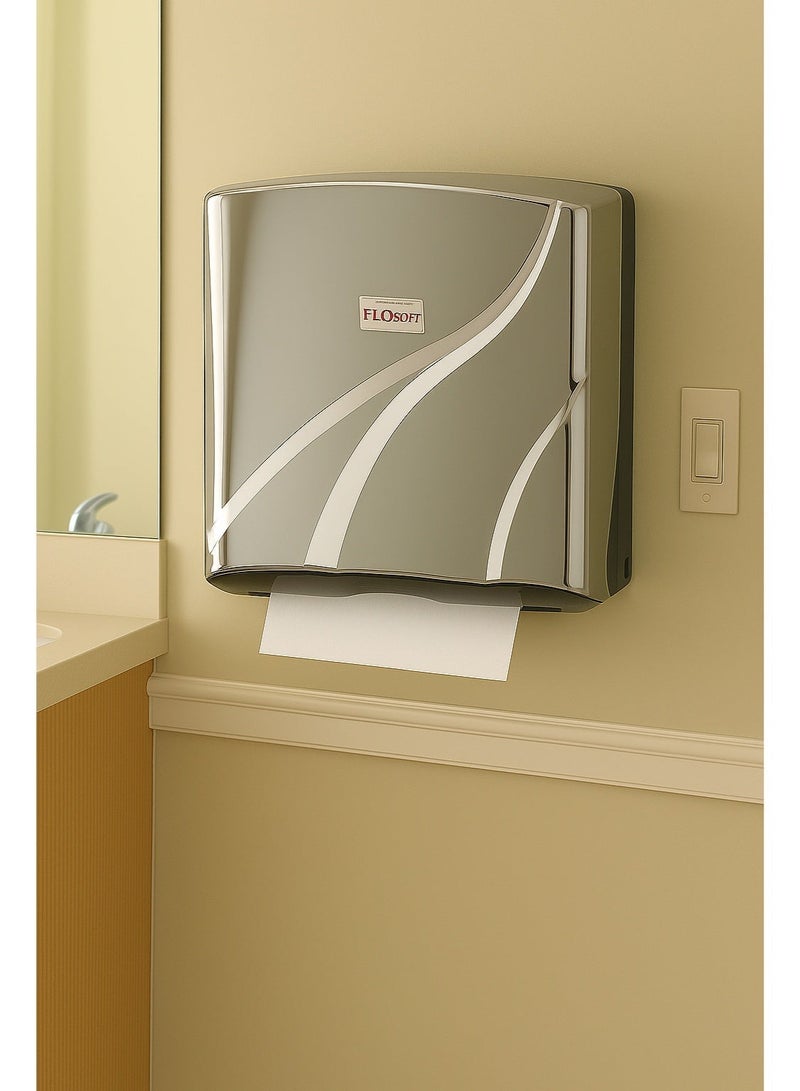 FLOSOFT Wall-Mounted Z-Fold Paper Towel Dispenser – Chrome Finish, 300-Sheet Capacity with Key Lock and Manual Pull-Down for Bathroom Kitchen Office - Image 2