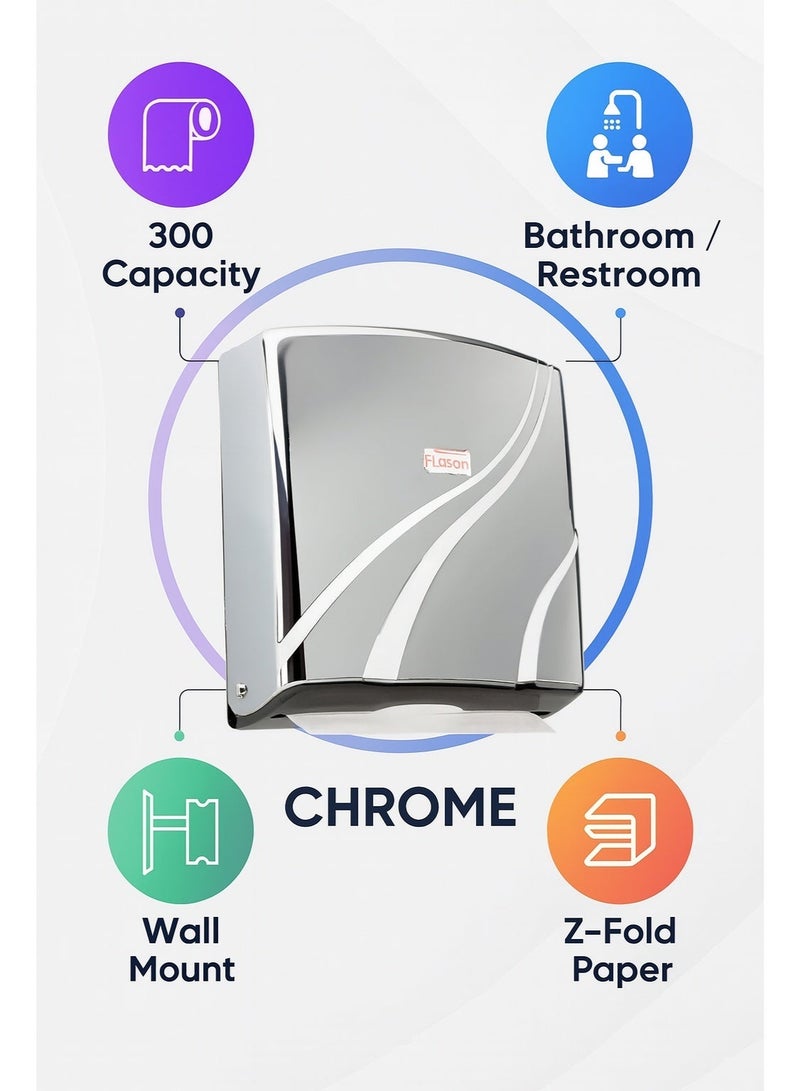 FLOSOFT Wall-Mounted Z-Fold Paper Towel Dispenser – Chrome Finish, 300-Sheet Capacity with Key Lock and Manual Pull-Down for Bathroom Kitchen Office - Image 4