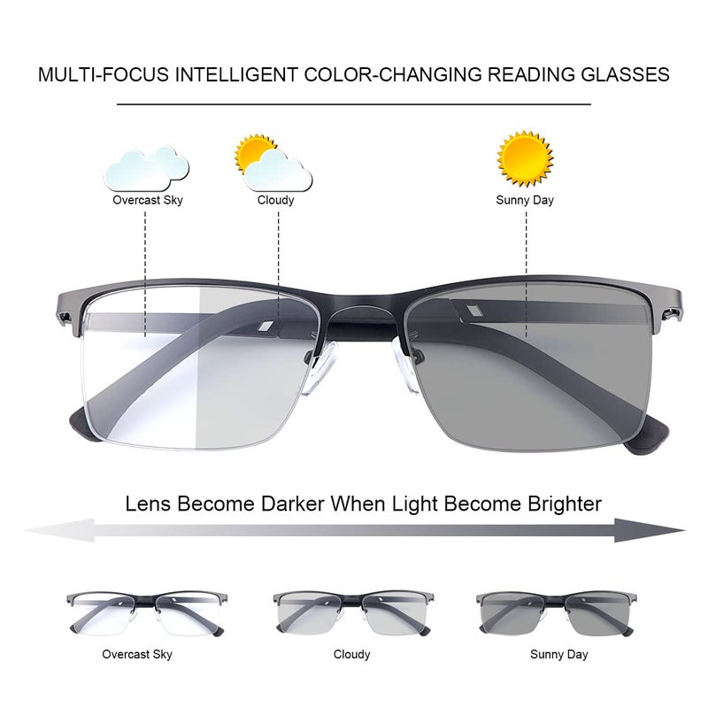 YIMI Photochromic Progressive Multifocus Reading Glasses Sun Readers UV Blue Light Blocking Transition Glasses for Men Women(Black, 2.00, multiplier_x) - Image 3