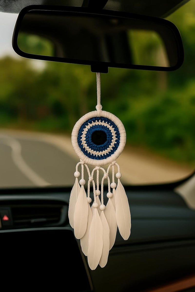 ThincAmaxe Handmade 3 Inch White and Blue Dream Catcher– Boho Wall Hanging Decor with Feathers & Pearls – Spiritual Protection Ornament for Bedroom, Nursery, or Living Room - Image 4
