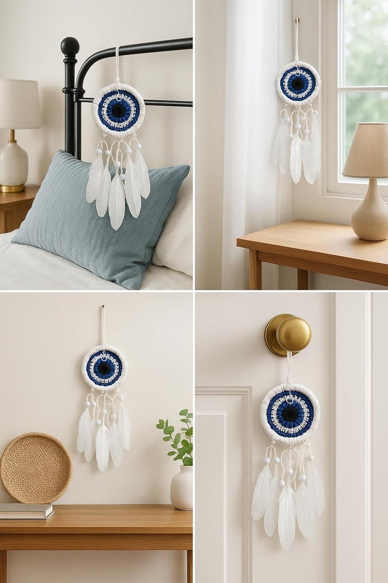 ThincAmaxe Handmade 3 Inch White and Blue Dream Catcher– Boho Wall Hanging Decor with Feathers & Pearls – Spiritual Protection Ornament for Bedroom, Nursery, or Living Room - Image 3