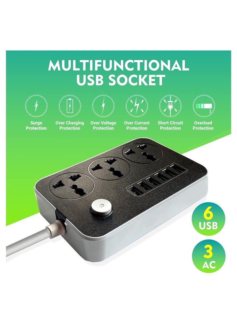 ELTRAZONE Power Strips Extension Cord 3 Outlets, Power Socket with 6 USB Ports Universal Charging Socket with 2M Bold Extension Cord  - Image 3