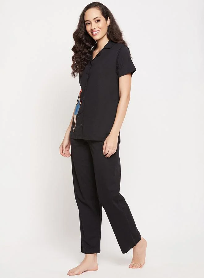 Clovia Clovia Cotton Girl Print Button Down Shirt and Pyjama Set