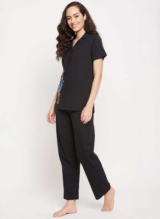 Clovia Clovia Cotton Girl Print Button Down Shirt and Pyjama Set - Image 2