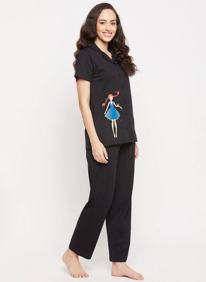 Clovia Clovia Cotton Girl Print Button Down Shirt and Pyjama Set