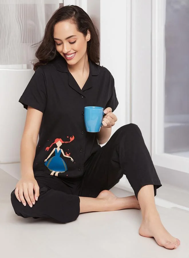 Clovia Clovia Cotton Girl Print Button Down Shirt and Pyjama Set