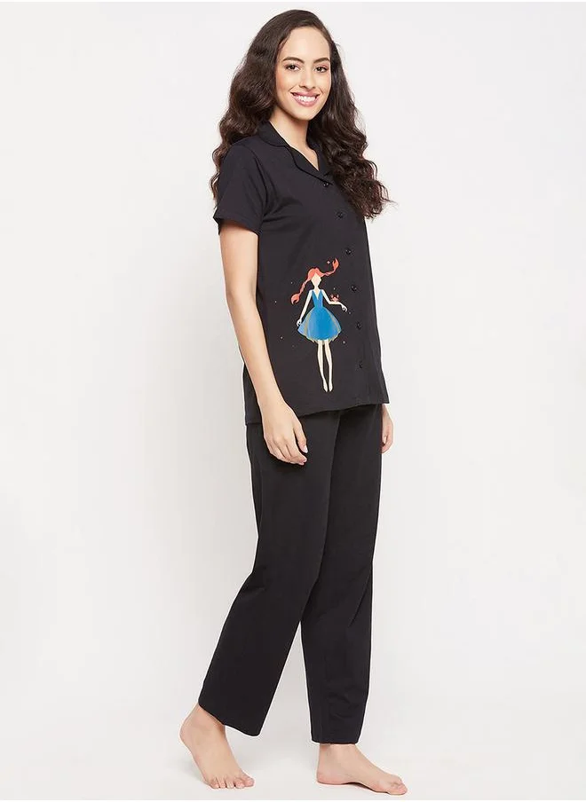 Clovia Cotton Girl Print Button Down Shirt & Pyjama Set by Styli