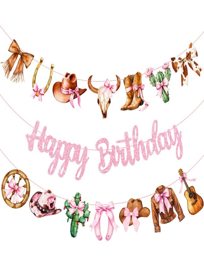 اوموني مستلزمات حفلات عيد ميلاد راعية البقر الغربية: لافتات عيد ميلاد وردية لامعة مزينة بفيونكات وأحذية، 3 قطع من الزينة المعلقة على شكل فيونكات وأحذية، لافتات ديسكو راعية البقر المقطوعة لتزيين حفلات توديع العزوبية بطابع الغرب المتوحش - Image 1