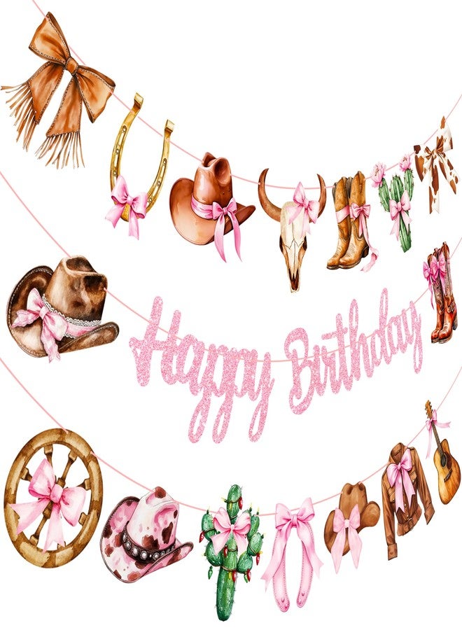 اوموني مستلزمات حفلات عيد ميلاد راعية البقر الغربية: لافتات عيد ميلاد وردية لامعة مزينة بفيونكات وأحذية، 3 قطع من الزينة المعلقة على شكل فيونكات وأحذية، لافتات ديسكو راعية البقر المقطوعة لتزيين حفلات توديع العزوبية بطابع الغرب المتوحش - Image 2