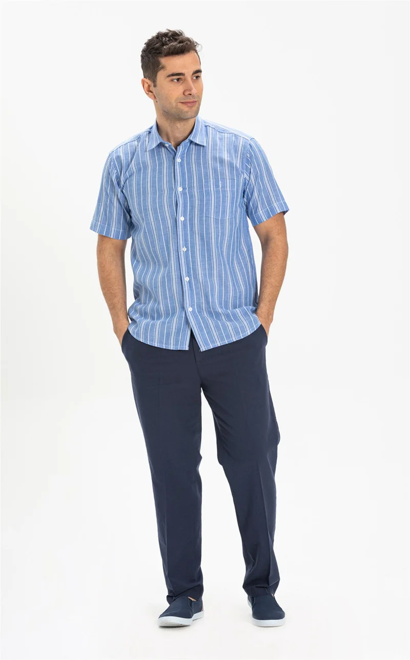 اليش شيل بيزي Short Sleeve Şile Cloth Single Pocket Men's Shirt Blue White Striped 3019