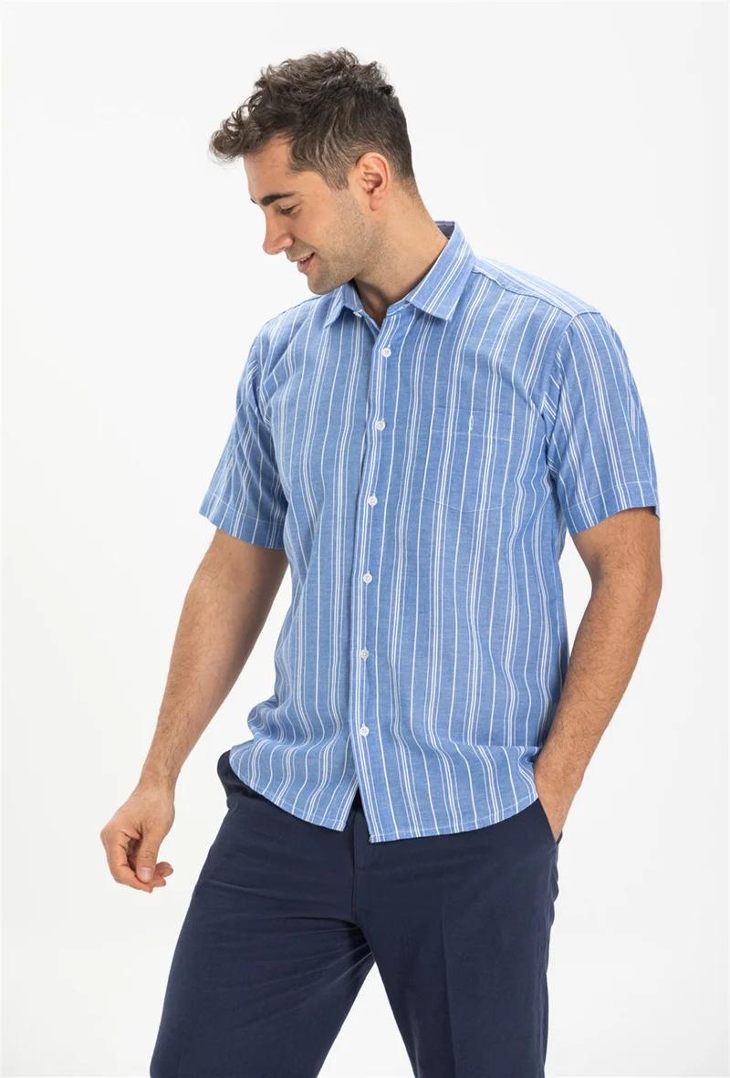 اليش شيل بيزي Short Sleeve Şile Cloth Single Pocket Men's Shirt Blue White Striped 3019