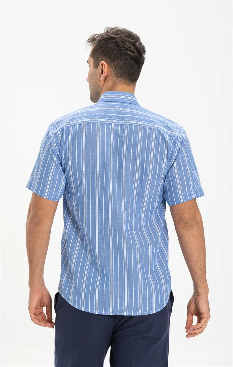اليش شيل بيزي Short Sleeve Şile Cloth Single Pocket Men's Shirt Blue White Striped 3019
