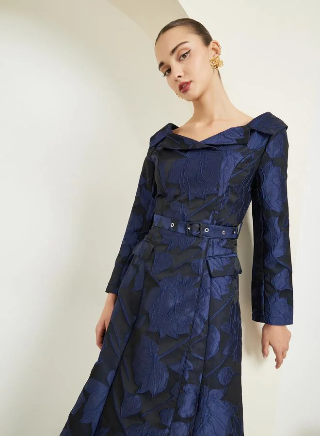 Navy Blue Jacquard Off-Shoulder Midi Dress