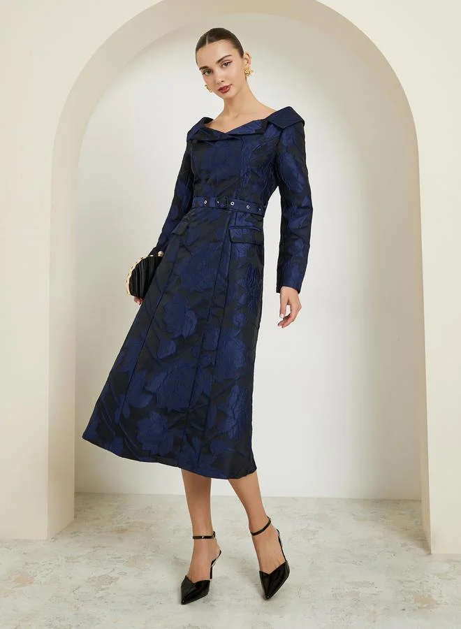 Styli Navy Blue Jacquard Off-Shoulder Midi Dress